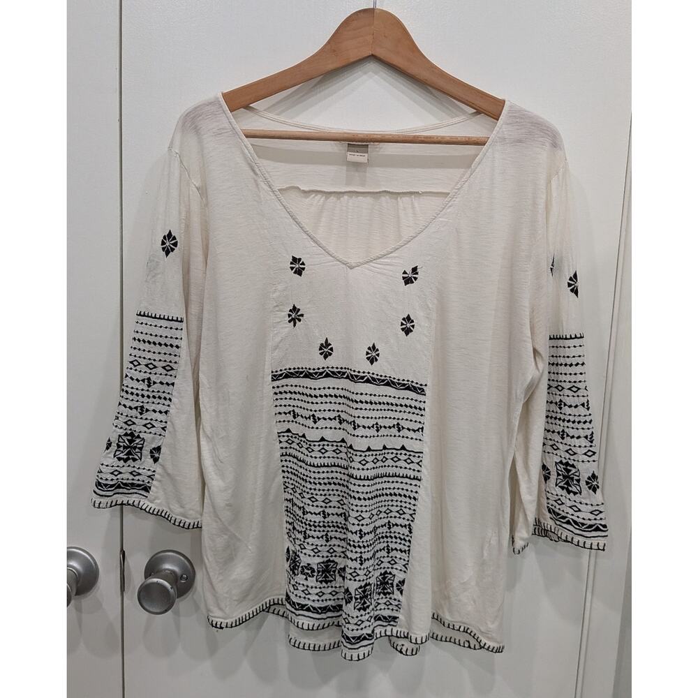 Lucky Brand Whimsigoth Embroidered Peasant Blouse Large Cream Black Boho Cottage